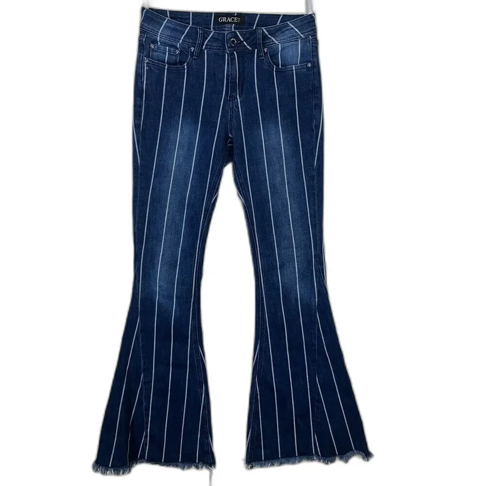 Grace in LA Women Size 25 Stripe Flare Denim Jeans Frayed Bell Bottom Western